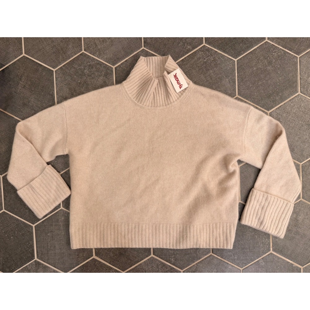 Halston Sweater 100% 2-Ply Cashmere XL Beige Mock Neck Ribbed Knit Pullover